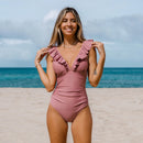 Pink Ruffled V-Neck One-Piece Swimsuit