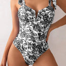 Floral V-Neck Bow Strap Swimsuit