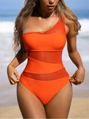 One-Shoulder Mesh Patchwork Monokini