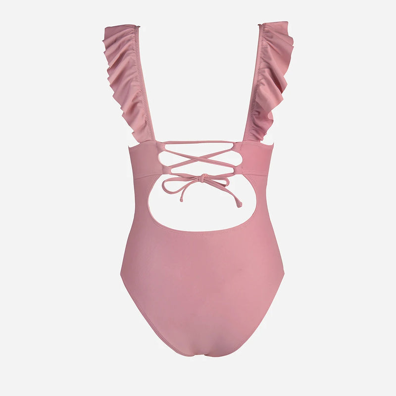 Pink Ruffled V-Neck One-Piece Swimsuit