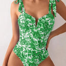 Floral V-Neck Bow Strap Swimsuit